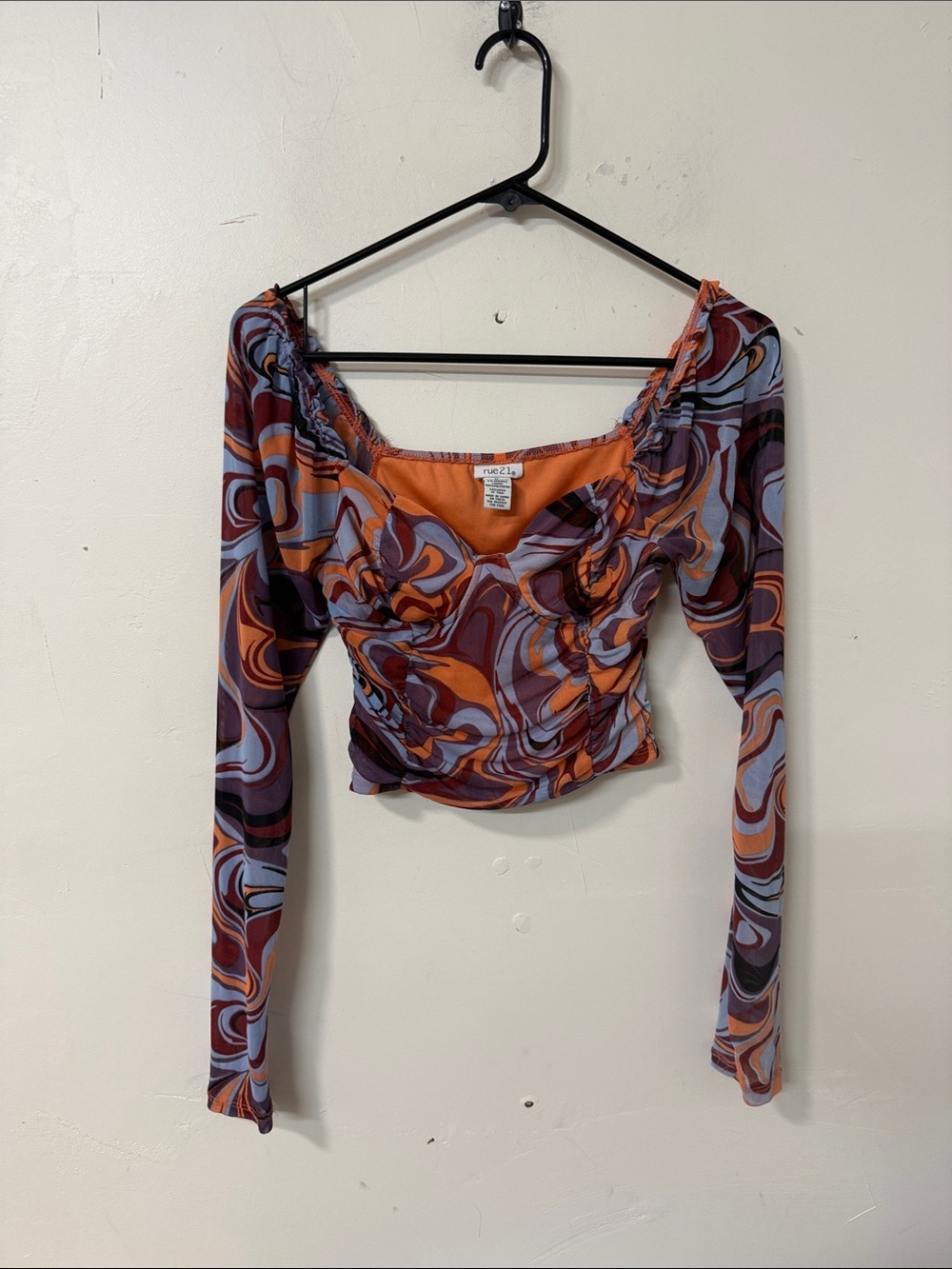 Rue21 Orange Purple Swirl Ruched Long-Sleeve Crop Top